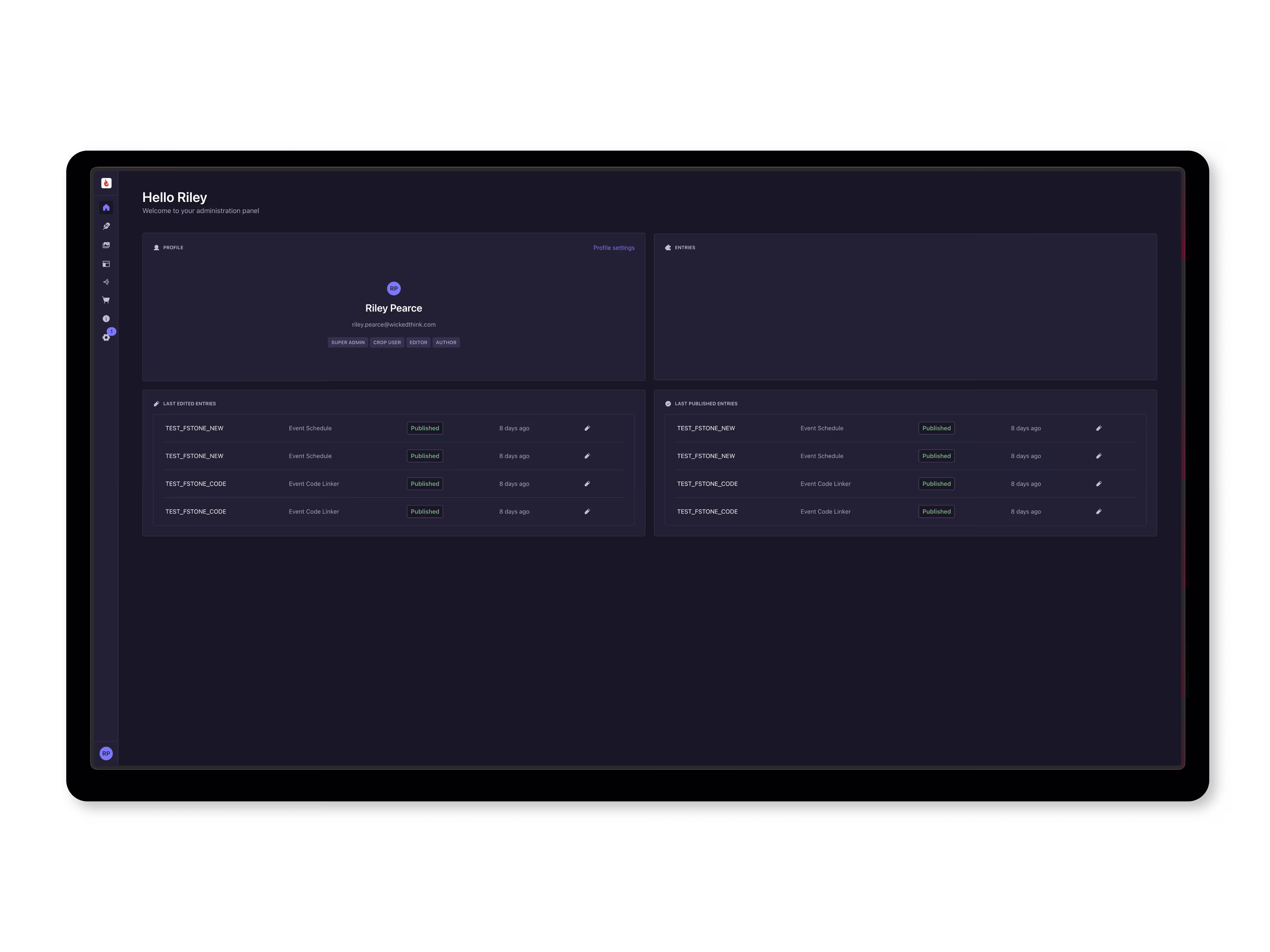 Admin dashboard showing content management interface